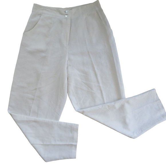 Vintage 80s High Waist White Linen Pants S Pockets Button Zip Tapered Leg USA - Picture 2 of 9